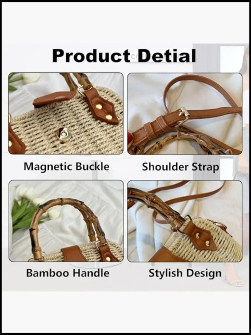 Straw Tote Bag Woven Crossbody Shoulder Handbag Beach Summer Vacation Vintage - Picture 5 of 7